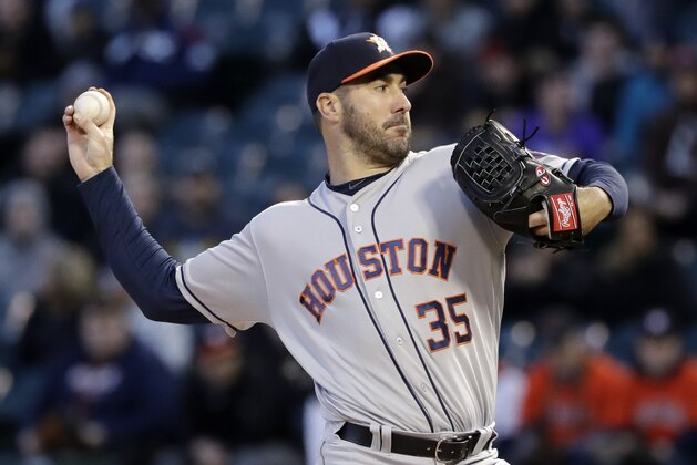 Houston Astros starting pitcher Justin Verlander throws against the Chicago White Sox during the first inning of a baseball game Friday, April 20, 2018, in Chicago. (AP Photo/Nam Y. Huh)