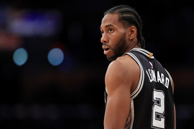 LOS ANGELES, CA - NOVEMBER 18:  Kawhi Leonard #2 of the San Antonio Spurs looks on during the first half of a game against the Los Angeles Lakers at Staples Center on November 18, 2016 in Los Angeles, California. NOTE TO USER: User expressly acknowledges and agrees that, by downloading and or using this photograph, User is consenting to the terms and conditions of the Getty Images License Agreement  (Photo by Sean M. Haffey/Getty Images)