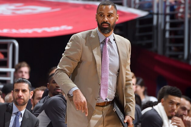 LOS ANGELES, CA - APRIL 3: Assistant Coach Ime Udoka of the San Antonio Spurs looks on during the game against the LA Clippers on April 3, 2018 at STAPLES Center in Los Angeles, California. NOTE TO USER: User expressly acknowledges and agrees that, by downloading and/or using this photograph, user is consenting to the terms and conditions of the Getty Images License Agreement. Mandatory Copyright Notice: Copyright 2018 NBAE (Photo by Andrew D. Bernstein/NBAE via Getty Images)