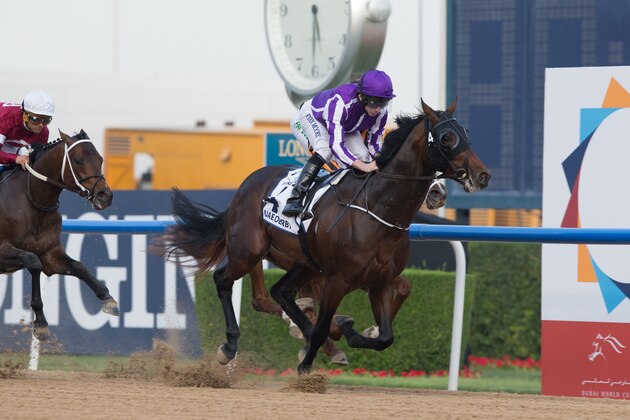 DUBAI, UNITED ARAB EMIRATES - MARCH 31: Ryan Moore riding Mendelssohn wins the UAE Derby during the Dubai World Cup Day at Meydan Racecourse on March 31, 2018 in Dubai, United Arab Emirates.