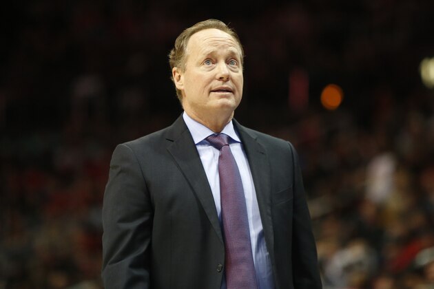 Atlanta Hawks head coach Mike Budenholzer reacts against the Portland Trail Blazers in the first half of an NBA basketball game, Saturday, Dec. 30, 2017, in Atlanta. (AP Photo/Brett Davis)