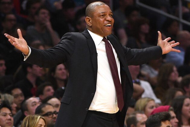 LOS ANGELES, CA - APRIL 03:  Head coach Doc Rivers of the Los Angeles Clippers yells in the fourth quarter of the game against the San Antonio Spurs at Staples Center on April 3, 2018 in Los Angeles, California. NOTE TO USER: User expressly acknowledges and agrees that, by downloading and or using this photograph, User is consenting to the terms and conditions of the Getty Images License Agreement.  (Photo by Jayne Kamin-Oncea/Getty Images)