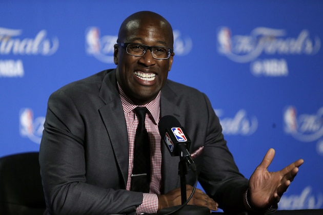 Golden State Warriors interim head coach Mike Brown answers questions during a press conference after Game 1 of basketball's NBA Finals against the Cleveland Cavaliers Thursday, June 1, 2017, in Oakland, Calif. (AP Photo/Ben Margot)