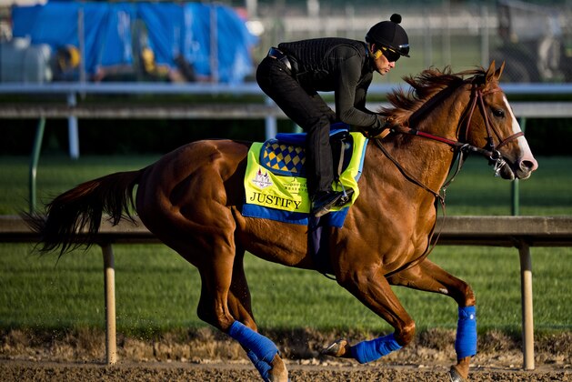 LOUISVILLE, KY - MAY 01: Justify, trained by Bob Baffert, exercises in preparation for the Kentucky Derby at Churchill Downs on May 1, 2018 in Louisville, Kentucky. (Photo by Scott Serio/Eclipse Sportswire/Getty Images)