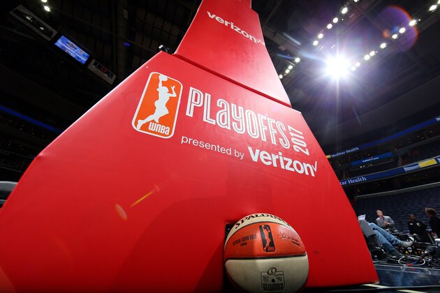 WASHINGTON, DC - SEPTEMBER 6: A close up view of the WNBA Playoffs logo before the game between the Dallas Wings and the Washington Mystics during Round One of the 2017 WNBA Playoffs on September 6, 2017 at the Capital One Arena in Washington, DC. NOTE TO USER: User expressly acknowledges and agrees that, by downloading and or using this photograph, User is consenting to the terms and conditions of the Getty Images License Agreement. Mandatory Copyright Notice: Copyright 2017 NBAE (Photo by Ned Dishman/NBAE via Getty Images)