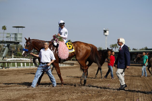 Jockey Mike Smith, aboard Justify, talks to trainer Bob Baffert, right, while cooling off the horse, who won the Santa Anita Derby horse race at Santa Anita on Saturday, April 7, 2018, in Arcadia, Calif. (AP Photo/Jae C. Hong)