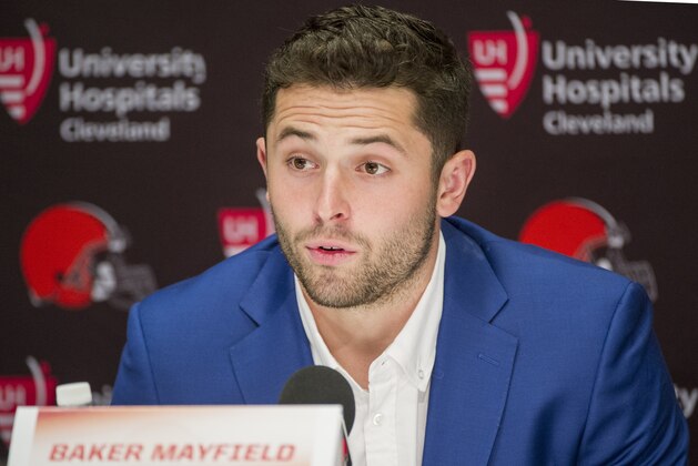 Cleveland Browns first round draft selection, Baker Mayfield, answers a question during a news conference at the Browns headquarters in Berea, Ohio, Friday, April 27, 2018. Mayfield was the first selection of the draft. (AP Photo/Phil Long)
