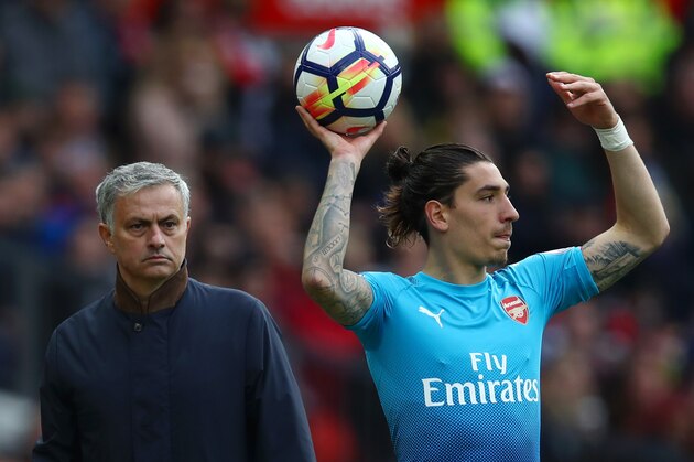MANCHESTER, ENGLAND - APRIL 29: Jose Mourinho, Manager of Manchester United looks on as Hector Bellerin of Arsenal prepares to take a throw in during the Premier League match between Manchester United and Arsenal at Old Trafford on April 29, 2018 in Manchester, England.  (Photo by Clive Brunskill/Getty Images)