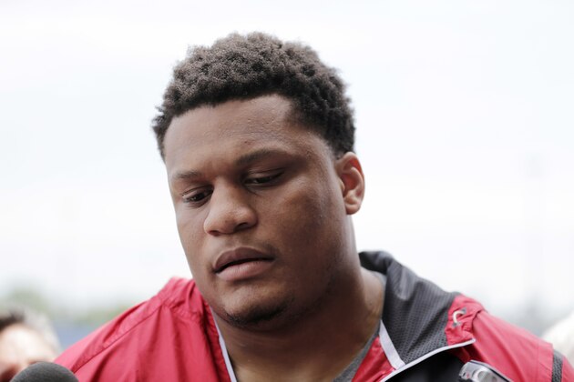 New York Giants' Ereck Flowers talks to reporters after a NFL football practice in East Rutherford, N.J., Thursday, June 15, 2017. (AP Photo/Seth Wenig)