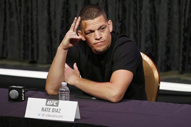 Mixed martial arts fighter Nate Diaz attends a news conference for UFC 200, Friday, April 22, 2016, in Las Vegas. (AP Photo/John Locher)