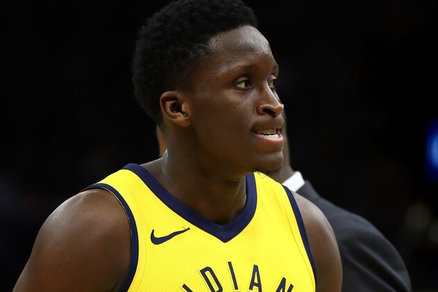 CLEVELAND, OH - APRIL 29: Victor Oladipo #4 of the Indiana Pacers reacts during the second half against the Cleveland Cavaliers in Game Seven of the Eastern Conference Quarterfinals during the 2018 NBA Playoffs at Quicken Loans Arena on April 29, 2018 in Cleveland, Ohio. NOTE TO USER: User expressly acknowledges and agrees that, by downloading and or using this photograph, User is consenting to the terms and conditions of the Getty Images License Agreement. (Photo by Gregory Shamus/Getty Images)