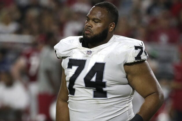 Oakland Raiders offensive tackle Vadal Alexander (74) during an NFL preseason football game against the Arizona Cardinals, Saturday, Aug. 12, 2017, in Glendale, Ariz. (AP Photo/Rick Scuteri)