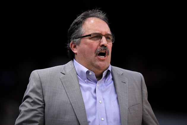 CHICAGO, IL - APRIL 11:  Head coach Stan Van Gundy of the Detroit Pistons reacts in the first quarter against the Chicago Bulls at the United Center on April 11, 2018 in Chicago, Illinois. NOTE TO USER: User expressly acknowledges and agrees that, by downloading and or using this photograph, User is consenting to the terms and conditions of the Getty Images License Agreement. (Dylan Buell/Getty Images) *** Local Caption *** Stan Van Gundy