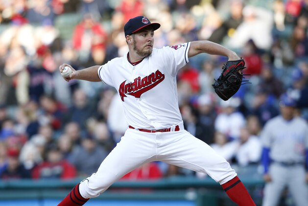 Cleveland Indians starting pitcher Trevor Bauer delivers to a Chicago Cubs batter during the first inning of a baseball game Wednesday, April 25, 2018, in Cleveland. (AP Photo/Ron Schwane)