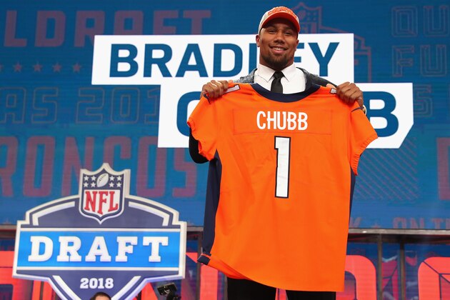 ARLINGTON, TX - APRIL 26:  Bradley Chubb of NC State poses after being picked #5 overall by the Denver Broncos during the first round of the 2018 NFL Draft at AT&T Stadium on April 26, 2018 in Arlington, Texas.  (Photo by Tom Pennington/Getty Images)