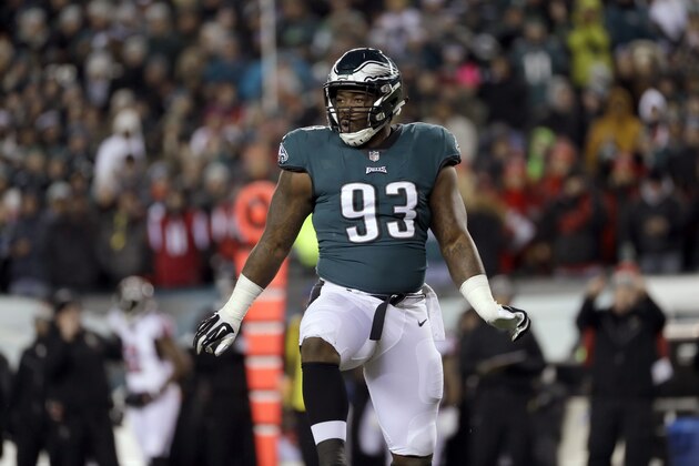 Philadelphia Eagles' Tim Jernigan reacts during the first half of an NFL divisional playoff football game against the Atlanta Falcons, Saturday, Jan. 13, 2018, in Philadelphia. (AP Photo/Michael Perez)