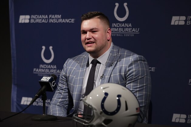 Quenton Nelson, the Indianapolis Colts first-round draft pick, talks about being a member of the team during a news conference at the NFL football team's practice facility in Indianapolis, Friday, April 27, 2018. (AP Photo/Michael Conroy)