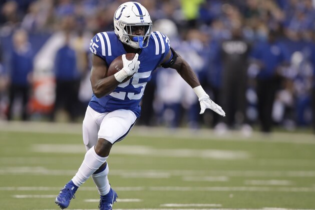 Indianapolis Colts' Marlon Mack (25) runs during the second half of an NFL football game against the Houston Texans, Sunday, Dec. 31, 2017, in Indianapolis. (AP Photo/Michael Conroy)