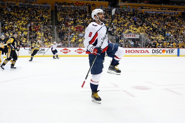 PITTSBURGH, PA - MAY 01:  Alex Ovechkin #8 of the Washington Capitals celebrates after scoring the game winning goal during the third period in Game Three of the Eastern Conference Second Round during the 2018 NHL Stanley Cup Playoffs against the Pittsburgh Penguins at PPG PAINTS Arena on May 1, 2018 in Pittsburgh, Pennsylvania. Washington defeated Pittsburgh 4-3. (Photo by Kirk Irwin/Getty Images)