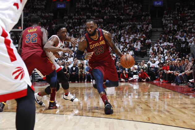 TORONTO, CANADA - MAY 1:  LeBron James #23 of the Cleveland Cavaliers handles the ball against the Toronto Raptors in Game One of Round Two of the 2018 NBA Playoffs on May 1, 2018 at the Air Canada Centre in Toronto, Ontario, Canada.  NOTE TO USER: User expressly acknowledges and agrees that, by downloading and or using this Photograph, user is consenting to the terms and conditions of the Getty Images License Agreement.  Mandatory Copyright Notice: Copyright 2018 NBAE (Photo by Mark Blinch/NBAE via Getty Images)