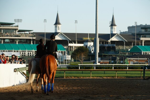 LOUISVILLE, KY - MAY 01:  Justify walks to the track during the morning training for the Kentucky Derby at Churchill Downs on May 1, 2018 in Louisville, Kentucky.  (Photo by Andy Lyons/Getty Images)