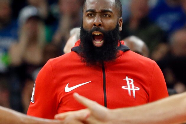 Houston Rockets' James Harden celebrates at the end of the Rockets' 50-point third quarter against the Minnesota Timberwolves during Game 4 in an NBA basketball first-round playoff series Monday, April 23, 2018, in Minneapolis. The Rockets won 119-100. Harden led the Rockets with 36 points, (AP Photo/Jim Mone)