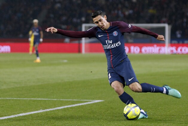 PSG's Angel Di Maria kicks the ball during the French League One soccer match between Paris Saint Germain and Guingamp at the Parc des Princes stadium in Paris, Sunday, April 29, 2018. (AP Photo/Thibault Camus)