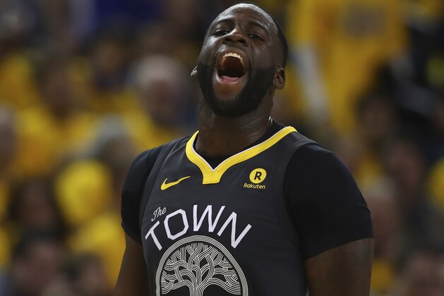 Golden State Warriors' Draymond Green reacts during the second half in Game 2 of a first-round NBA basketball playoff series against the against the San Antonio Spurs Monday, April 16, 2018, in Oakland, Calif. (AP Photo/Ben Margot)