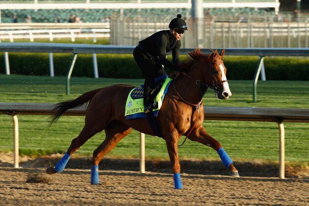 LOUISVILLE, KY - MAY 01:  Justify runs on the track during the morning training for the Kentucky Derby at Churchill Downs on May 1, 2018 in Louisville, Kentucky.  (Photo by Andy Lyons/Getty Images)