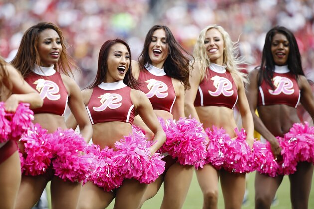 LANDOVER, MD - OCTOBER 15: Washington Redskins cheerleaders perform while wearing pink for breast cancer awareness during a game against the San Francisco 49ers at FedEx Field on October 15, 2017 in Landover, Maryland. The Redskins won 26-24. (Photo by Joe Robbins/Getty Images) *** Local Caption ***
