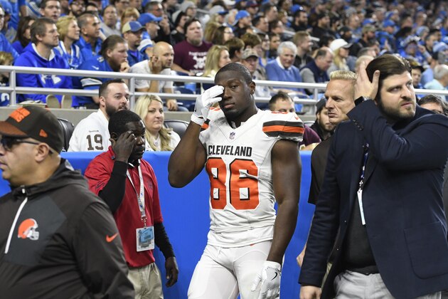 Cleveland Browns tight end Randall Telfer (86) walks off the field during the first half of an NFL football game against the Detroit Lions, Sunday, Nov. 12, 2017, in Detroit. (AP Photo/Jose Juarez)