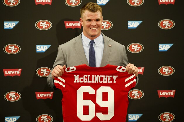 San Francisco 49ers first-round pick Mike McGlinchey poses with his jersey during an NFL football news conference, Friday, April 27, 2018, in Santa Clara, Calif. (AP Photo/Josie Lepe )