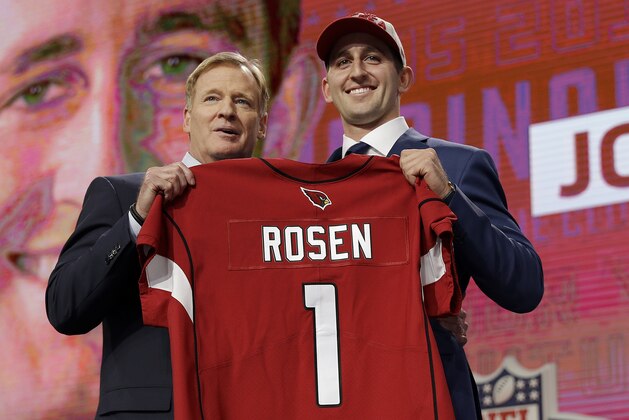 UCLA's Josh Rosen, right, poses with commissioner Roger Goodell after being selected by the Arizona Cardinals during the first round of the NFL football draft, Thursday, April 26, 2018, in Arlington, Texas. (AP Photo/David J. Phillip)