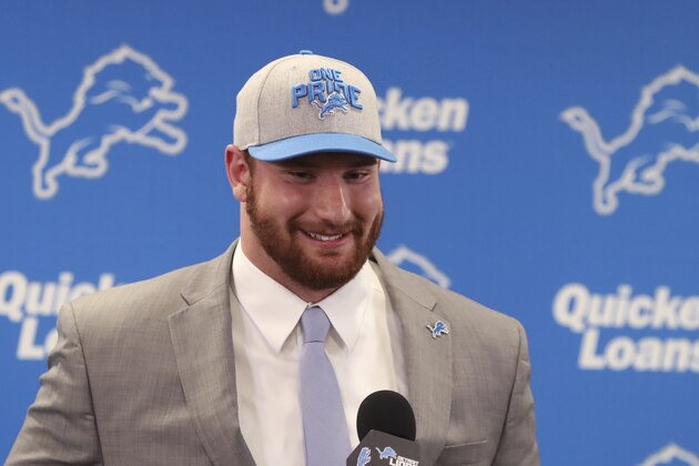 The Detroit Lions first-round NFL football draft pick Frank Ragnow addresses the media at the team's training facility, Friday, April 27, 2018, in Allen Park, Mich. (AP Photo/Carlos Osorio)