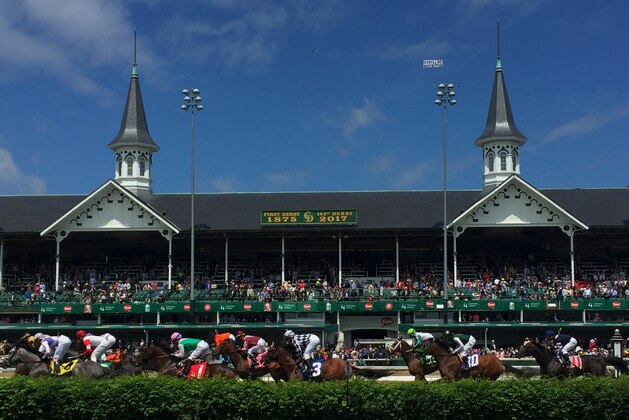 LOUISVILLE, KY - MAY 06: Horses run past the Twin Spires on Kentucky Derby Day at Churchill Downs on May 6, 2017 in Louisville, Kentucky. (Photo by Scott Serio/Eclipse Sportswire/Getty Images)