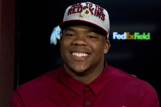 Redskins player Da'Ron Payne, first round selections of the 2018 NFL Draft speaks at a news conference, during Redskins 2018 Draft Fest, in Landover, Md., Saturday, April 28, 2018. ( AP Photo/Jose Luis Magana)