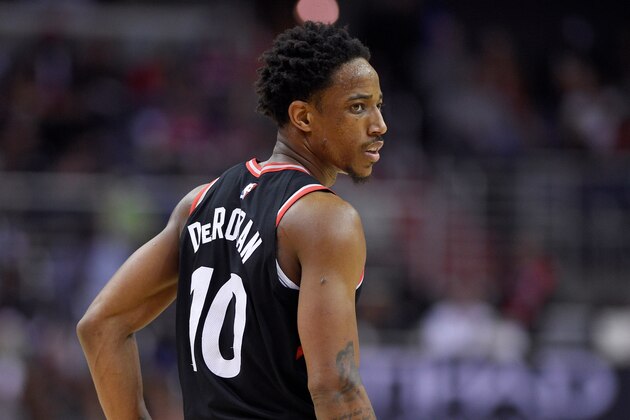 Toronto Raptors guard DeMar DeRozan (10) looks on during the second half of Game 4 of an NBA basketball first-round playoff series against the Washington Wizards, Sunday, April 22, 2018, in Washington. The Wizards won 106-98. (AP Photo/Nick Wass)
