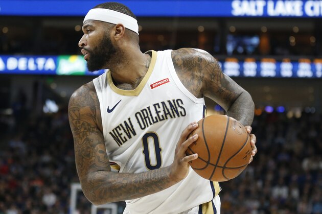 New Orleans Pelicans center DeMarcus Cousins (0) looks to pass the ball against the Utah Jazz in the first half during an NBA basketball game Wednesday, Jan. 3, 2018, in Salt Lake City. (AP Photo/Rick Bowmer)