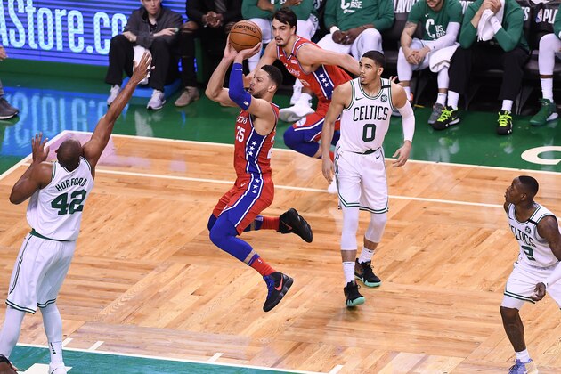 BOSTON, MA - APRIL 30: Ben Simmons #25 of the Philadelphia 76ers lays up a shot against Al Horford #42 of the Boston Celtics during Game One of the Eastern Conference Semifinals of the 2018 NBA Playoffs on April 30, 2018 at TD Garden on April 30, 2018 in Boston, Massachusetts. NOTE TO USER: User expressly acknowledges and agrees that, by downloading and or using this photograph, User is consenting to the terms and conditions of the Getty Images License Agreement. (Photo by Matteo Marchi/Getty Images) *** Local Caption *** Ben Simmons; Al Horford