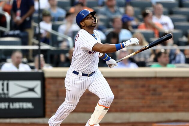 NEW YORK, NY - MAY 02: Yoenis Cespedes #52 of the New York Mets hits a double in the first inning against the Atlanta Braves on May 2, 2018 at Citi Field in the Flushing neighborhood of the Queens borough of New York City. (Photo by Elsa/Getty Images) NEW YORK, NY - MAY 02: Yoenis Cespedes #52 of the New York Mets hits a double in the first inning against the Atlanta Braves on May 2, 2018 at Citi Field in the Flushing neighborhood of the Queens borough of New York City. (Photo by Elsa/Getty Images)