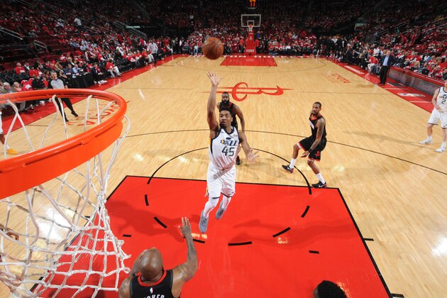 HOUSTON, TX - MAY 2: Donovan Mitchell #45 of the Utah Jazz shoots the ball against the Houston Rockets in Game Two of Round Two of the 2018 NBA Playoffs on May 2, 2018 at the Toyota Center in Houston, Texas. NOTE TO USER: User expressly acknowledges and agrees that, by downloading and or using this photograph, User is consenting to the terms and conditions of the Getty Images License Agreement. Mandatory Copyright Notice: Copyright 2018 NBAE (Photo by Bill Baptist/NBAE via Getty Images)