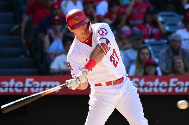 ANAHEIM, CA - APRIL 22:  Mike Trout #27 of the Los Angeles Angels of Anaheim hits a two run home run in the eighth inning of the game against the San Francisco Giants at Angel Stadium on April 22, 2018 in Anaheim, California.  (Photo by Jayne Kamin-Oncea/Getty Images)