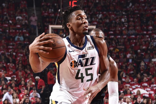 HOUSTON, TX - MAY 2: Donovan Mitchell #45 of the Utah Jazz drives to the basket against the Houston Rockets in Game Two of Round Two of the 2018 NBA Playoffs on May 2, 2018 at the Toyota Center in Houston, Texas. NOTE TO USER: User expressly acknowledges and agrees that, by downloading and or using this photograph, User is consenting to the terms and conditions of the Getty Images License Agreement. Mandatory Copyright Notice: Copyright 2018 NBAE (Photo by Bill Baptist/NBAE via Getty Images)