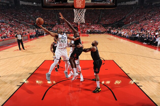 HOUSTON, TX - MAY 2:  Donovan Mitchell #45 of the Utah Jazz handles the ball against the Houston Rockets in Game Two of Round Two of the 2018 NBA Playoffs on May 2, 2018 at Toyota Center in Houston, TX.  NOTE TO USER: User expressly acknowledges and agrees that, by downloading and or using this Photograph, user is consenting to the terms and conditions of the Getty Images License Agreement. Mandatory Copyright Notice: Copyright 2018 NBAE (Photo by Andrew D. Bernstein/NBAE via Getty Images)