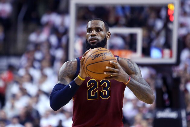 TORONTO, ON - MAY 01:  LeBron James #23 of the Cleveland Cavaliers catches a pass in the second half of Game One of the Eastern Conference Semifinals against the Toronto Raptors during the 2018 NBA Playoffs at Air Canada Centre on May 1, 2018 in Toronto, Canada.  NOTE TO USER: User expressly acknowledges and agrees that, by downloading and or using this photograph, User is consenting to the terms and conditions of the Getty Images License Agreement.  (Photo by Vaughn Ridley/Getty Images)