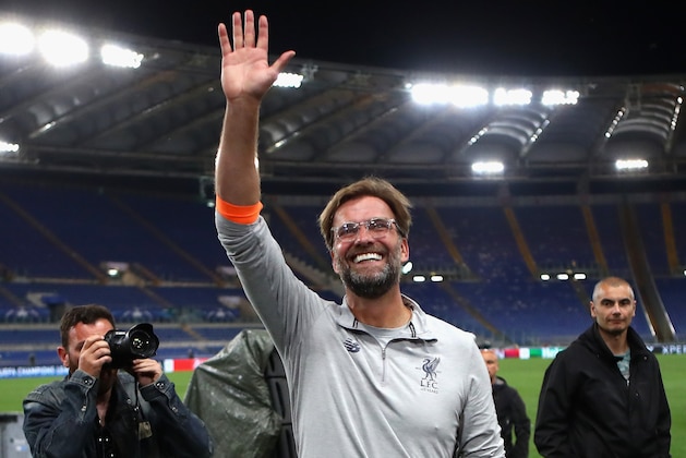 ROME, ITALY - MAY 02:  Jurgan Klopp manager of Liverpool celebrates after the full time whistle during the UEFA Champions League Semi Final Second Leg match between A.S. Roma and Liverpool at Stadio Olimpico on May 2, 2018 in Rome, Italy.  (Photo by Julian Finney/Getty Images)