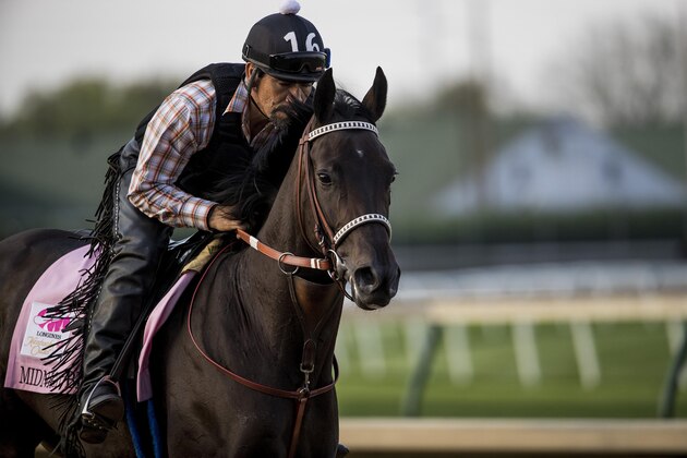 LOUISVILLE, KY - MAY 02: Midnight Bisou gallops in preparation for the Kentucky Oaks at Churchill Downs on May 2, 2018 in Louisville, Kentucky. (Photo by Alex Evers/Eclipse Sportswire/Getty Images)