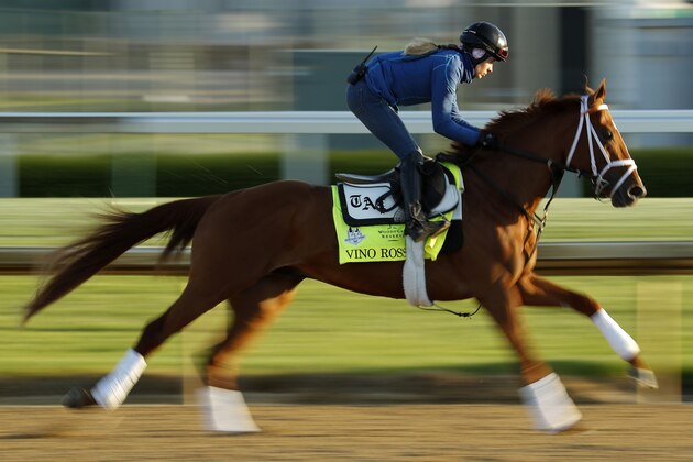 Kentucky Derby hopeful Vino Rosso trains at Churchill Downs Monday, April 30, 2018, in Louisville, Ky. The 144th running of the Kentucky Derby is scheduled for Saturday, May 5. (AP Photo/Charlie Riedel)