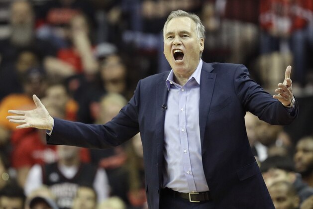 Houston Rockets' head coach Mike D'Antoni reacts after a call during the first half in Game 1 of a first-round NBA basketball playoff series against the Minnesota Timberwolves, Sunday, April 15, 2018, in Houston. (AP Photo/David J. Phillip)