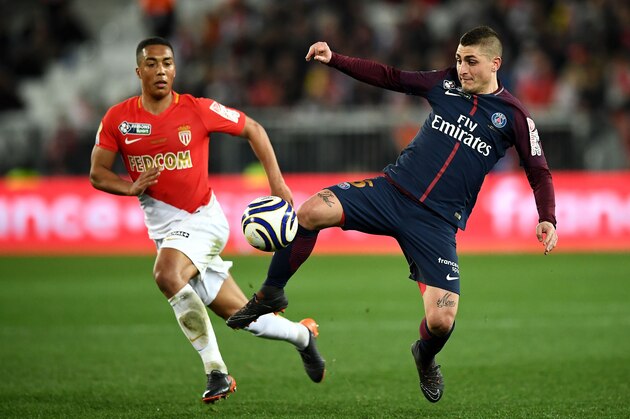 Monaco's Belgian midfielder Youri Tielemans (L) vies with Paris Saint-Germain's Italian midfielder Marco Verratti during the French League Cup final football match between Monaco (ASM) and Paris Saint-Germain (PSG) at The Matmut Atlantique Stadium in Bordeaux, southwestern France on March 31, 2018.   / AFP PHOTO / FRANCK FIFE        (Photo credit should read FRANCK FIFE/AFP/Getty Images)